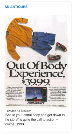 Vintage ad for video game captioned: “Shake your astral body and get down to the store” is quite the call to action—touché, 1993.