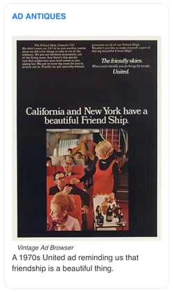 Vintage airline ad captioned: A 1970s United ad reminding us that friendship is a beautiful thing.