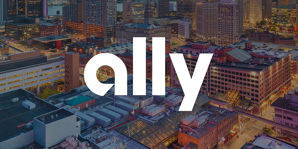 Ally logo over cityscape photo of Detroit