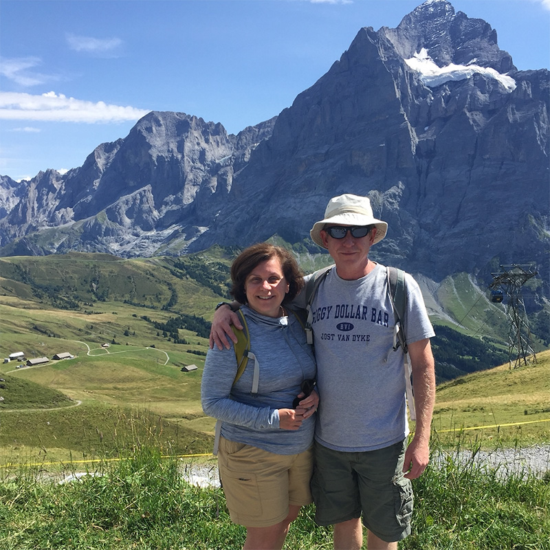 Kathy Wilson, picture with husband on vacation in the Italian Alps